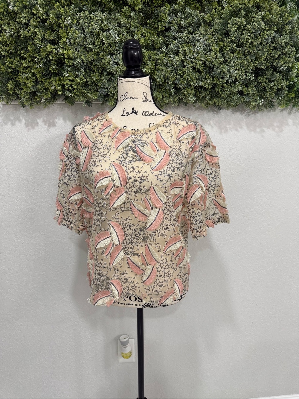Zara Pink and Cream Short Sleeve Embroidered Top